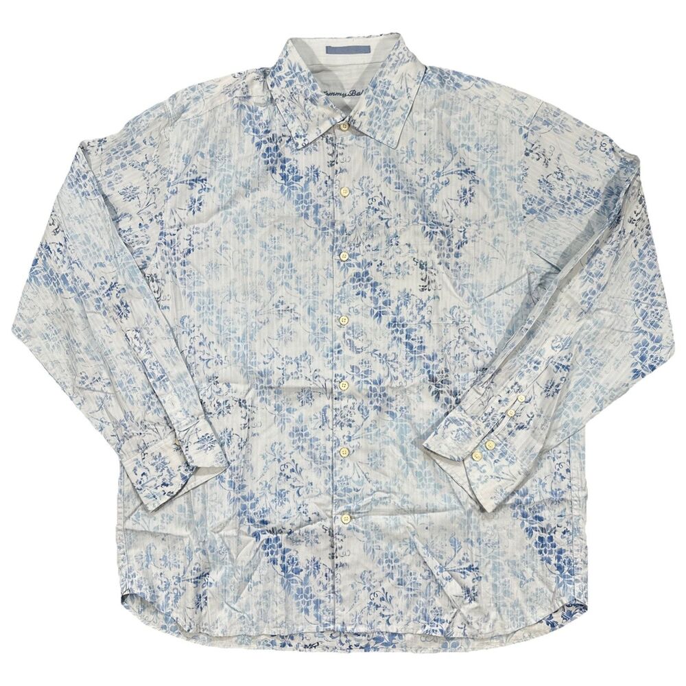 Tommy Bahama White Blue Floral Silk Blend Long Sleeve Button Down Shirt Mens XL